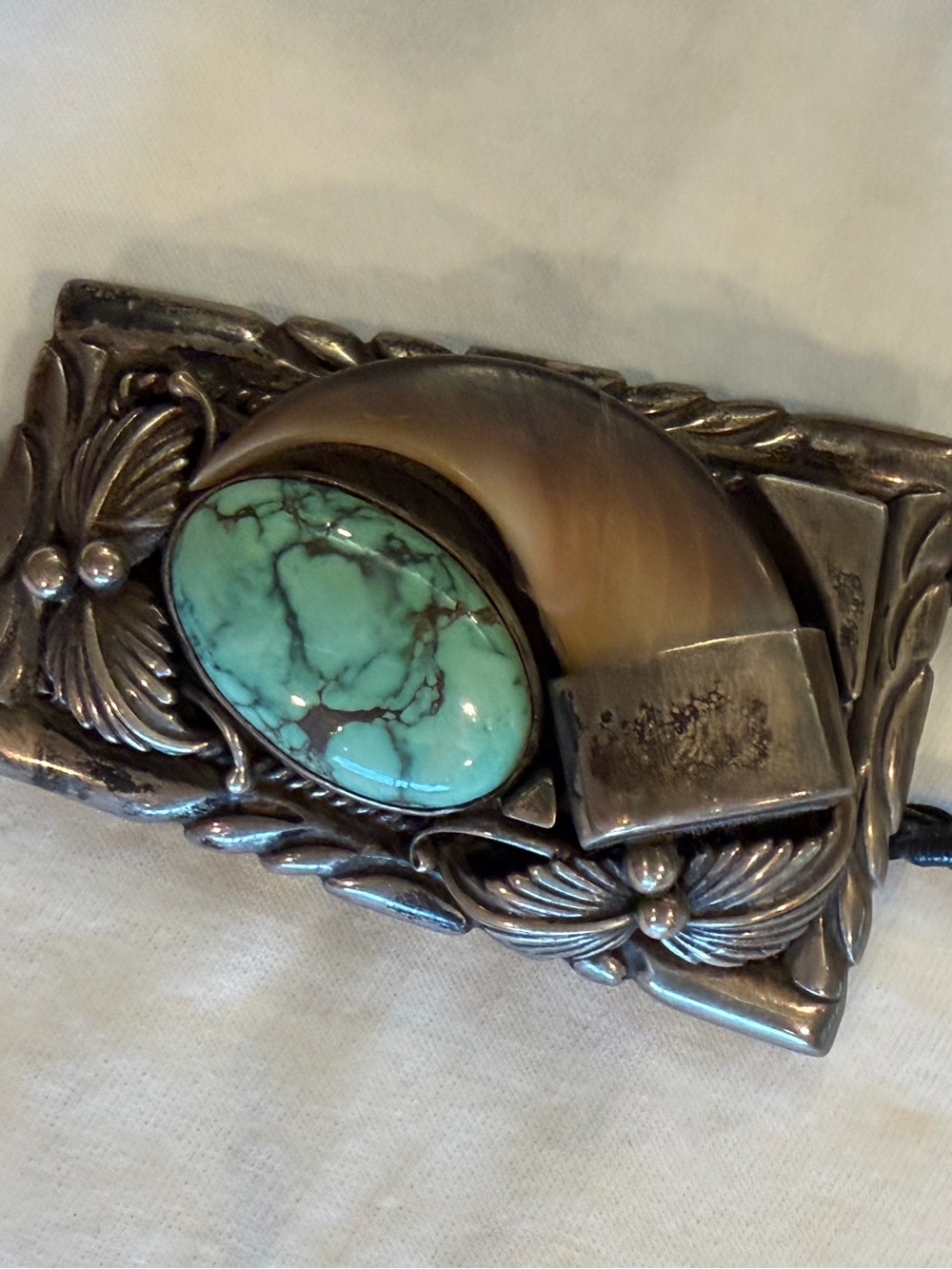 Turquoise/Sterling Western Bolo Tie with Braided Black Cord - Picture 2 of 6